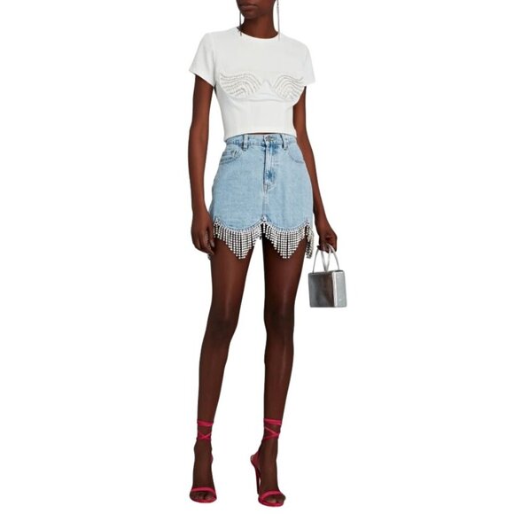 AREA Crystal-Embellished Denim Mini Skirt - Picture 1 of 9